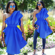 Backless Plus Size Off Shoulder Ruffles Blue Pleated Lady Party Blouse